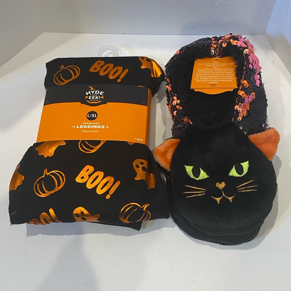 Bundle of Halloween Seamless Leggings + Flip Sequins Slipper Socks Large/XL NWT